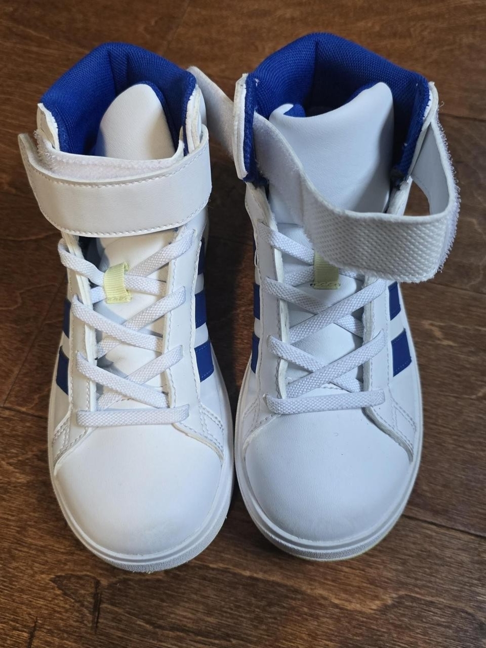 adidas Kids White and Blue High-Top Sneakers with Hook-and-Loop Strap
